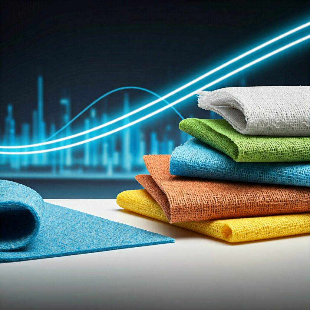 A detailed infographic showcasing the top ten non-woven materials: Polypropylene, Polyester, Rayon, Cellulose, Bicomponent, PLA, PET, Spunbond, Meltblown, and Needlepunch. Each material is represented with a small swatch and a brief description of its properties and common applications, such as medical use, filtration, and packaging.
