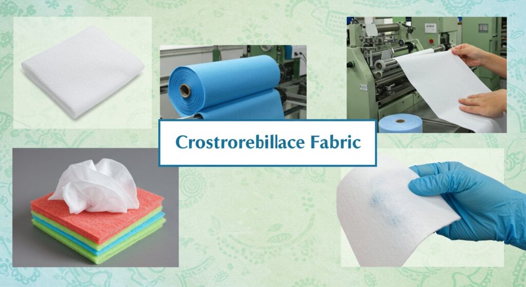 A detailed close-up shot showcasing the texture and weave of Crosslap Spunlace fabric. The fabric's softness and subtle texture are visible, highlighting its suitability for various applications including medical dressings, hygiene products, and industrial wipes. The image displays the non-woven nature of the fabric, illustrating the interwoven fibers.