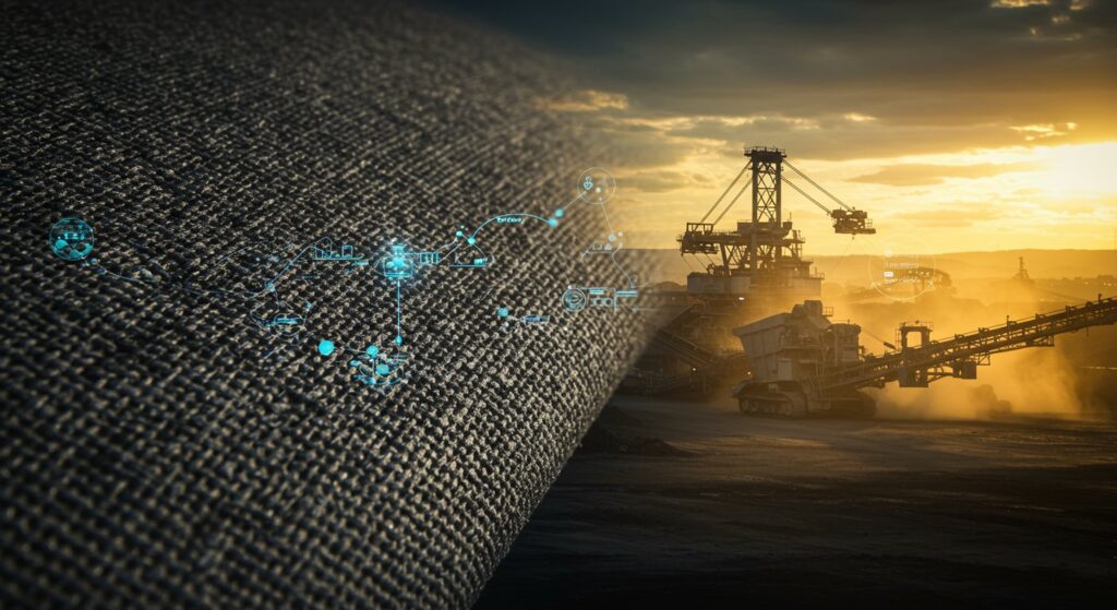 A close-up image showcasing a diverse range of industrial filter fabrics used in mining operations. The image displays various colors and textures of fabrics, including polyester, polypropylene, nylon, and PTFE, highlighting their different applications in mineral processing, tailings management, and dust control within the mining industry.