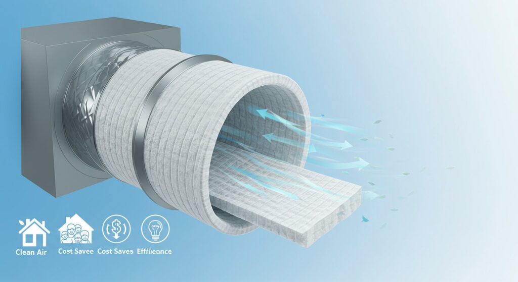 Close-up view of high-quality non-woven polyester filter fabric, showcasing its intricate fiber structure and demonstrating its ability to trap dust and other airborne particles. The fabric is light beige in color and exhibits a slightly textured surface.