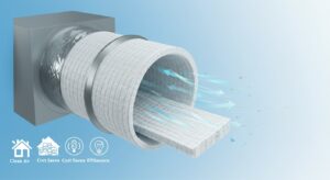 Close-up view of high-quality non-woven polyester filter fabric, showcasing its intricate fiber structure and demonstrating its ability to trap dust and other airborne particles. The fabric is light beige in color and exhibits a slightly textured surface.