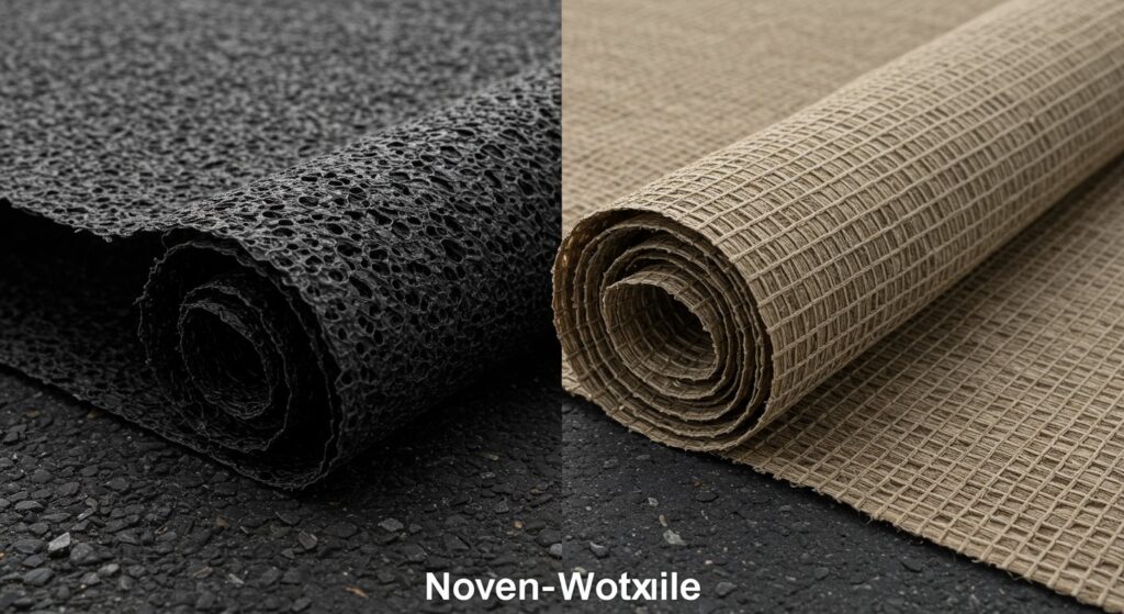 "Close-up comparison of non-woven and woven geotextile filter fabrics. The image shows the distinct textures and structures of each type: a non-woven sample exhibiting a random, felt-like appearance, and a woven sample displaying a regular, interlaced pattern. Both fabrics are commonly used in construction and landscaping for drainage, filtration, and erosion control."