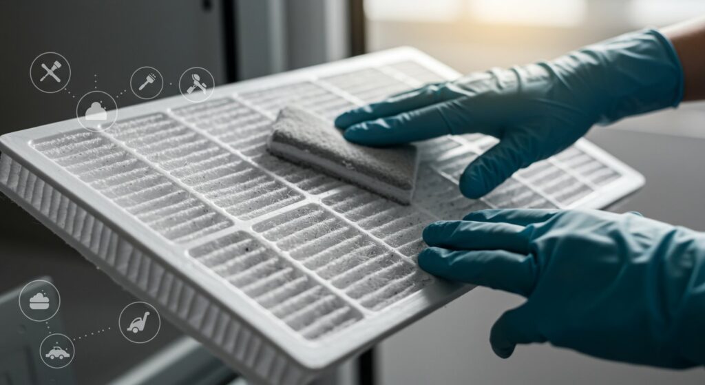 Close-up view of a pleated non-woven fabric air filter, revealing its intricate structure and demonstrating the accumulation of dust and debris trapped within the filter's fibers. The image highlights the filter's effectiveness in capturing airborne particles.