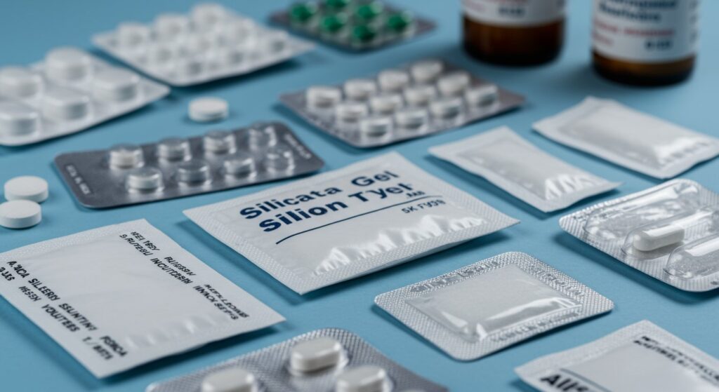 "Assortment of silica gel packets and beads in various sizes and colors, including indicating and non-indicating types, displayed alongside pharmaceutical packaging such as blister packs and vials. This illustrates the use of silica gel as a desiccant to protect pharmaceuticals from moisture damage."