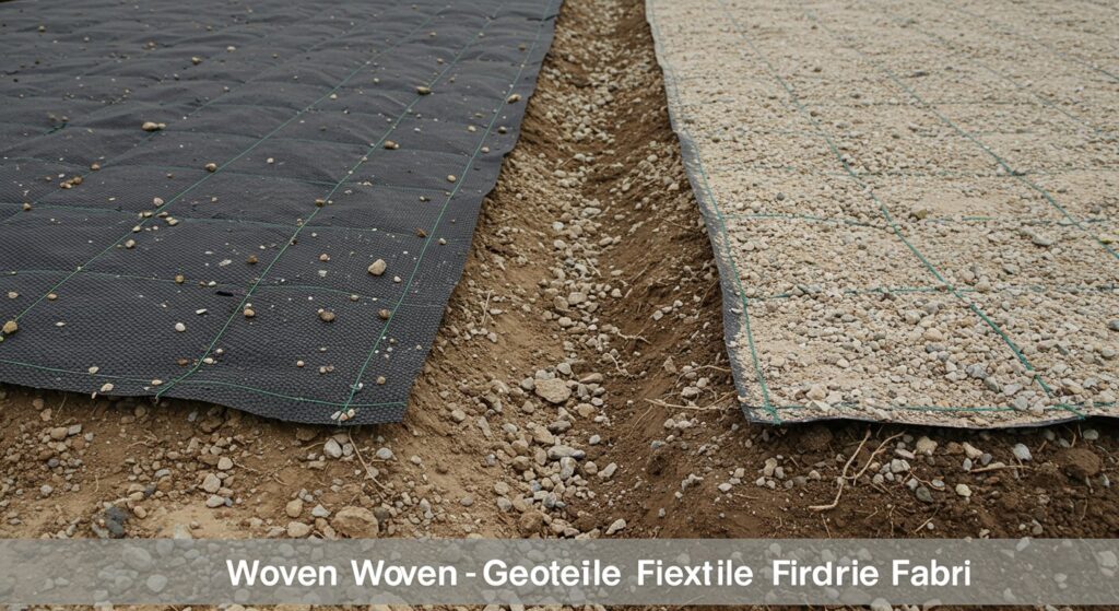 A bar chart comparing the cost of woven and non-woven geotextile filter fabrics. The chart shows cost ranges per square meter in Indian rupees (₹), highlighting the generally lower cost of non-woven fabrics compared to woven fabrics. The chart also indicates that costs depend on factors such as GSM and quantity purchased.