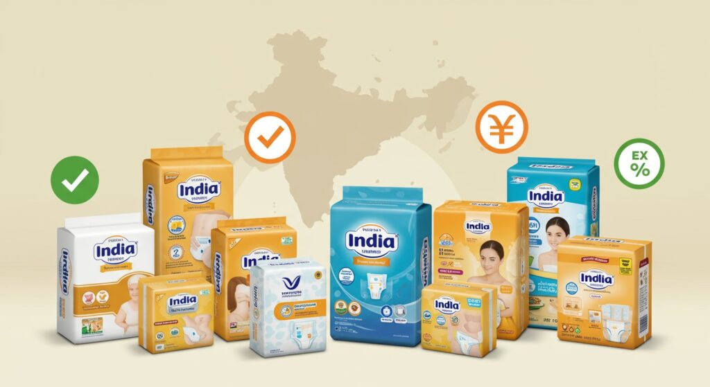 A diverse assortment of Favourite Fab adult diapers, showcasing various sizes, styles (tape and pull-up), and absorbency levels. The image highlights the high-quality materials and packaging of the products, emphasizing comfort, discretion, and reliability for adult incontinence care.