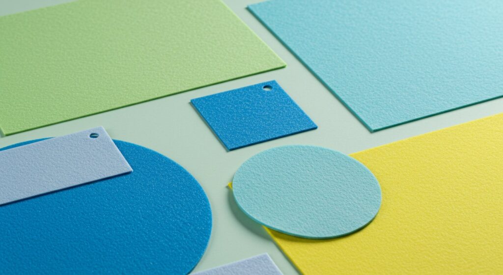 "Close-up shot showcasing a variety of precisely die-cut nonwoven sheets in various shapes, sizes, and colors. Examples include circular medical pads, rectangular filter components, and intricately shaped automotive parts. The image highlights the precision and versatility of Favourite Fab's die-cutting services."