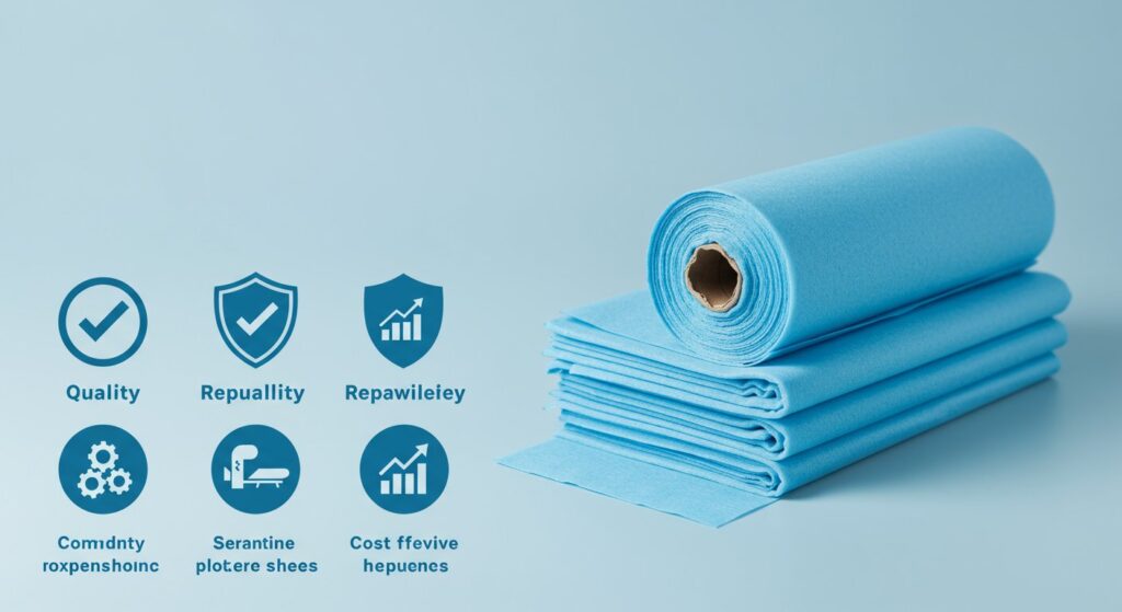 A diverse assortment of Favourite Fab's high-quality medical nonwoven sheets, including polypropylene, spunlace, SMS, and SMMS options, displayed in various colors and textures. The image highlights the range of options available for different medical applications, emphasizing their clean, sterile, and durable nature.