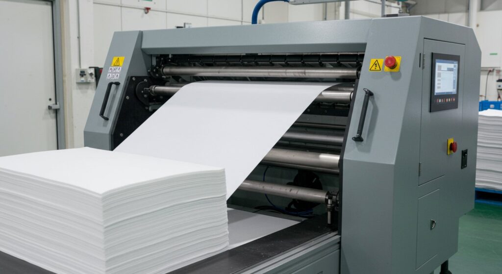 A close-up shot of a high-precision roll-to-sheet nonwoven converting machine. The image showcases the machine's advanced features, including servo-driven feed rolls, precise tension control mechanisms, and a clean cutting system. The machine is processing a continuous web of nonwoven fabric, highlighting the automated process of converting rolls into precise sheets.