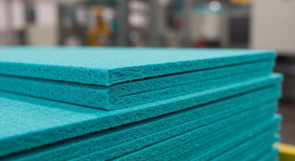 Close-up view of a durable, high-strength industrial nonwoven sheet, showcasing its texture and strength. The background subtly shows the material's use in a large industrial filtration system, highlighting its application in demanding environments.