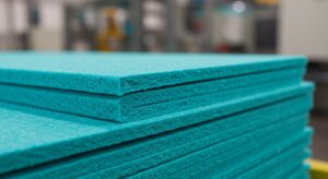 Close-up view of a durable, high-strength industrial nonwoven sheet, showcasing its texture and strength. The background subtly shows the material's use in a large industrial filtration system, highlighting its application in demanding environments.