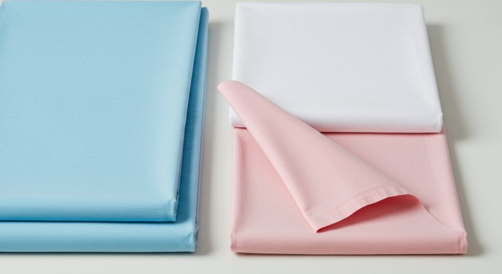 A detailed close-up showcasing various types of medical nonwoven bed sheets, including spunbond, SMS, and laminated options. The image highlights the different textures, thicknesses, and potential levels of fluid resistance of each type.