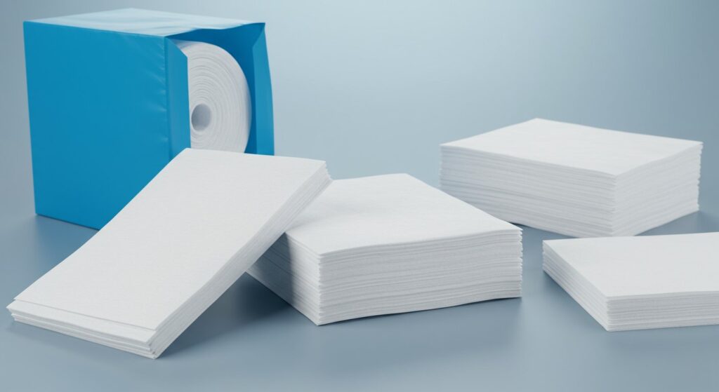 A neatly stacked pile of precisely cut, sterile nonwoven sheets ready for medical applications. The sheets are uniform in size and show clean edges, highlighting the precision cutting process.