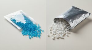 Close-up comparison shot showing packets of silica gel beads (small, translucent, porous beads) next to a sample of molecular sieve (typically white or light-colored granules with a more uniform appearance). Both are clearly labelled for identification.