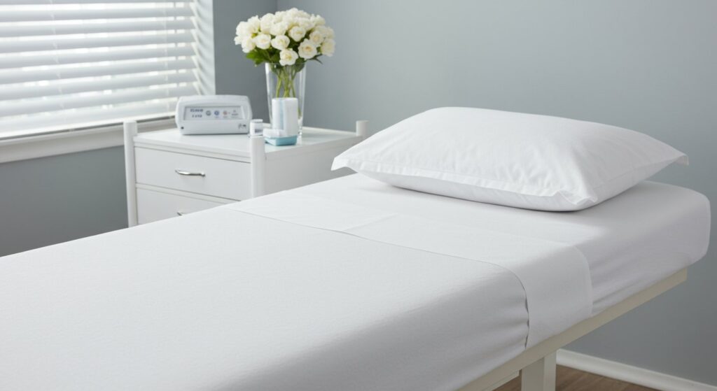 A stack of soft, white disposable nonwoven bed sheets, neatly folded and ready for use. These high-quality sheets are ideal for hospitals, spas, beauty salons, and more, providing a hygienic and comfortable solution for patients and clients.