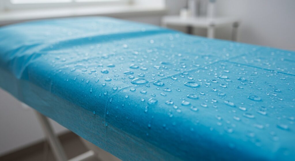 A stack of neatly folded, white waterproof non-woven medical sheets, ready for use in a healthcare setting. The sheets are smooth, clean, and display a subtle texture indicative of their non-woven material. A blurred background hints at a sterile hospital or clinic environment.